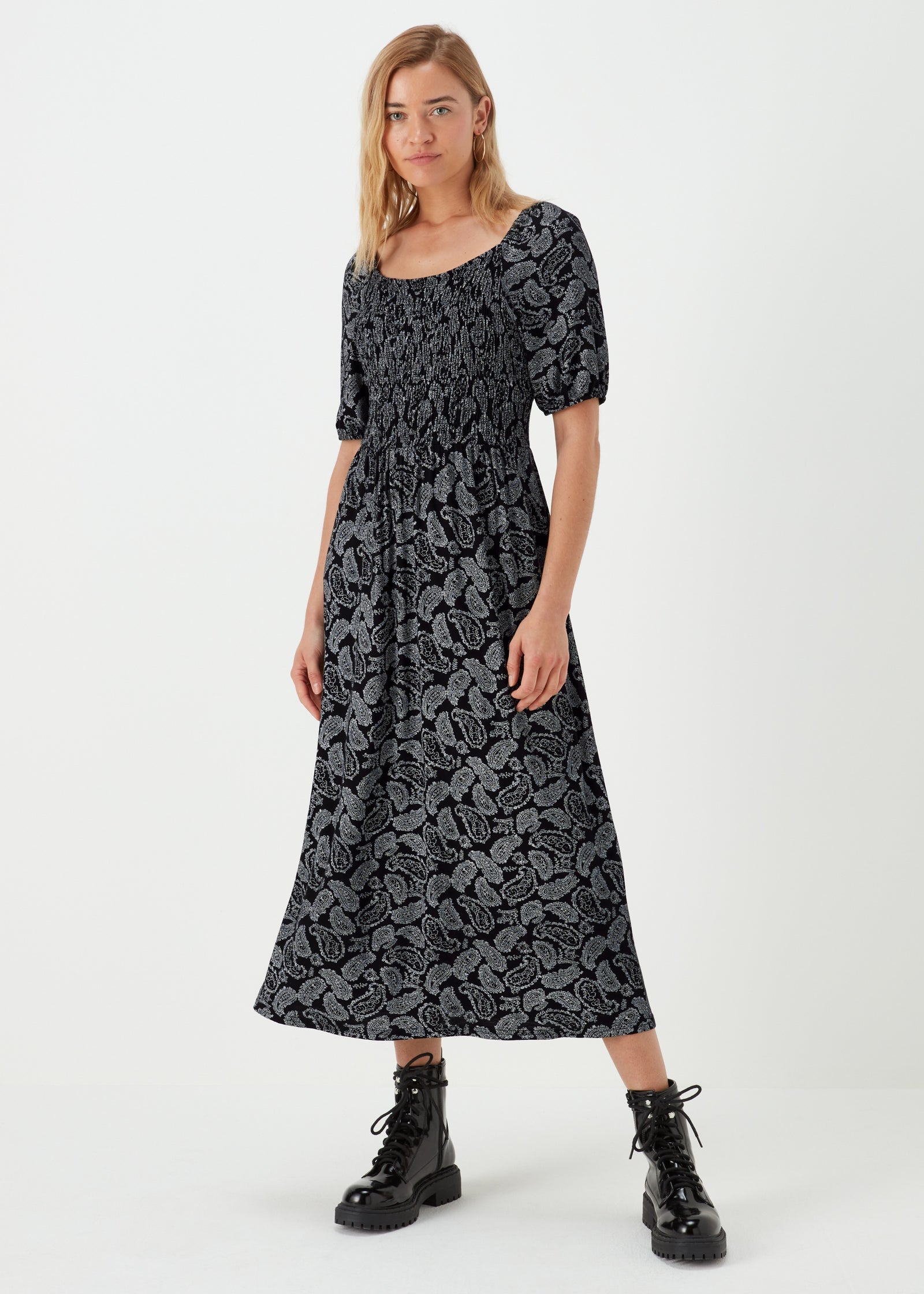 Buy Black Paisley Shirred Midi Dress Online In Uae From Matalan