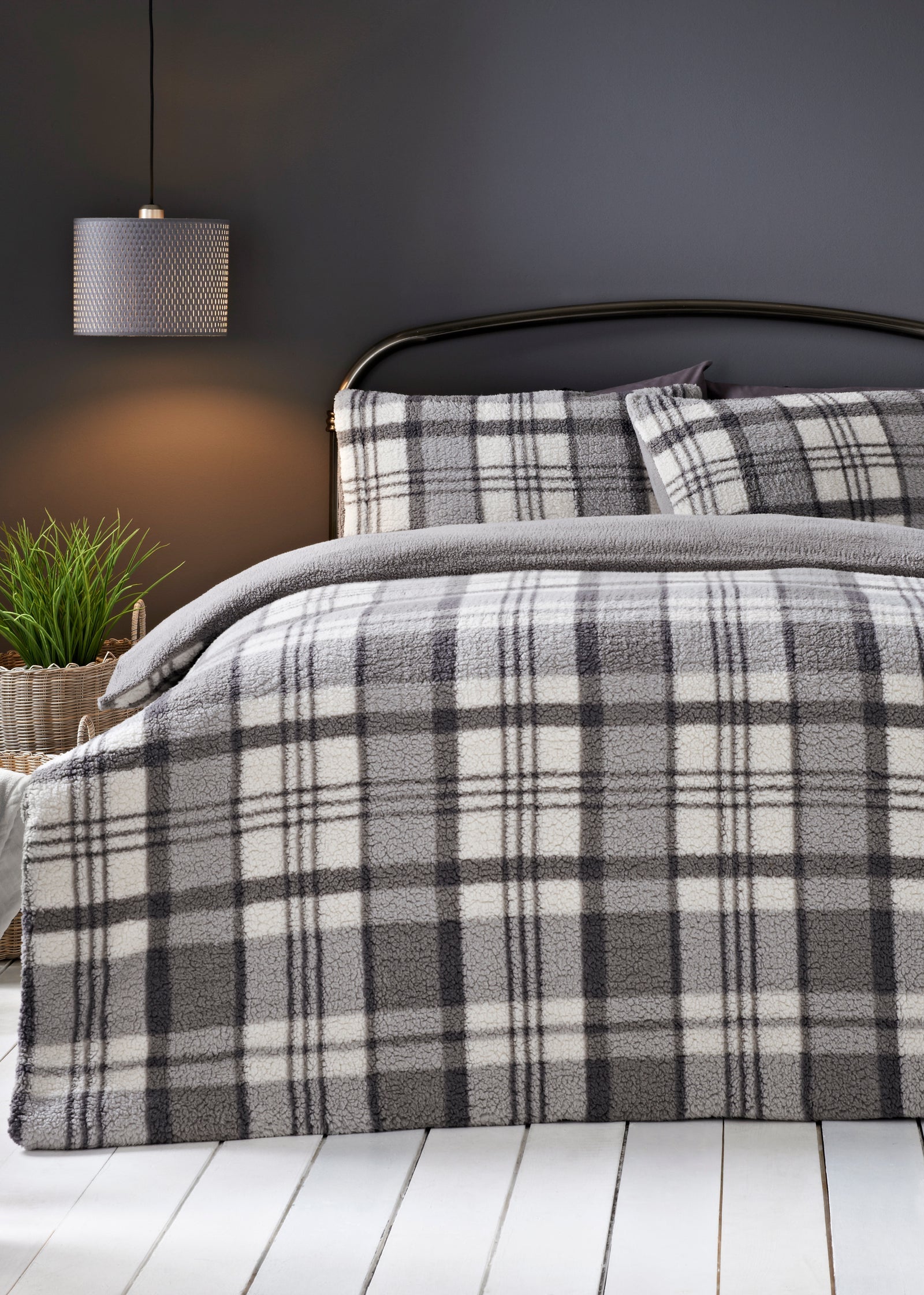 Buy Check Teddy Fleece Reversible Duvet Cover Grey King Online in Oman from Matalan