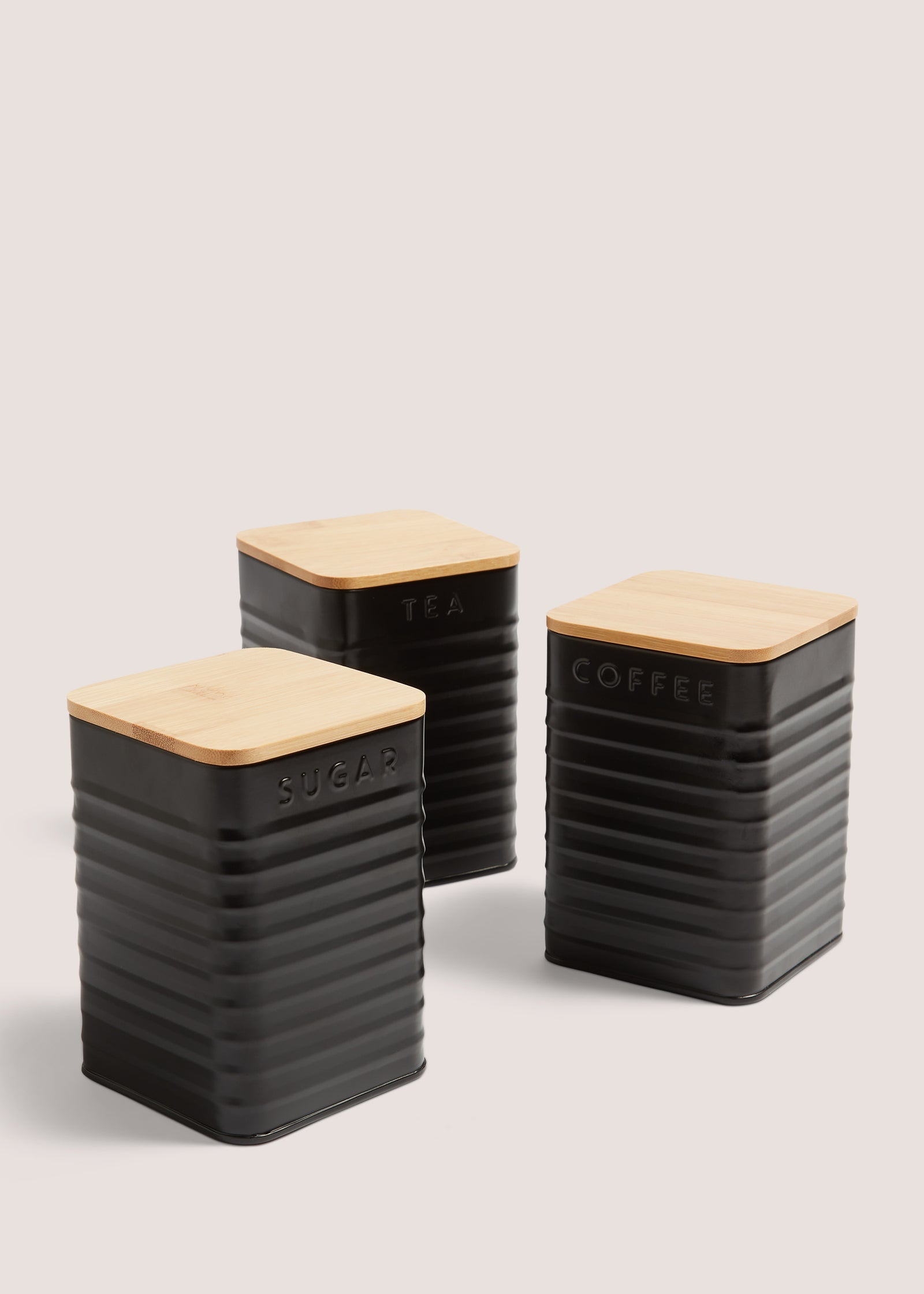 Buy Black Metal Tea Coffee & Sugar Canisters (14.5cm x 9.5cm) Online in Oman from Matalan