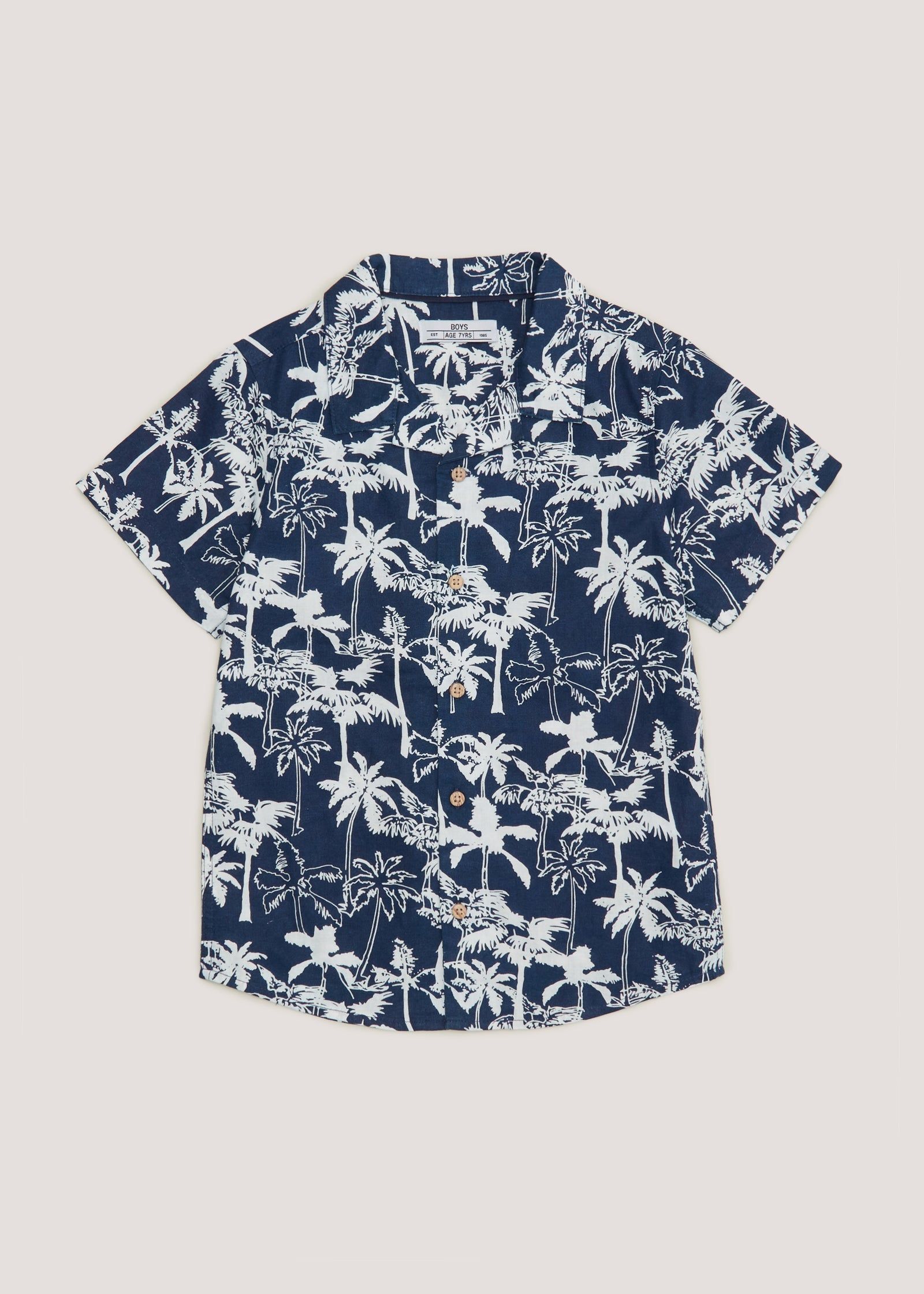 Boys Navy Palm Spring Print Shirt 4 13yrs