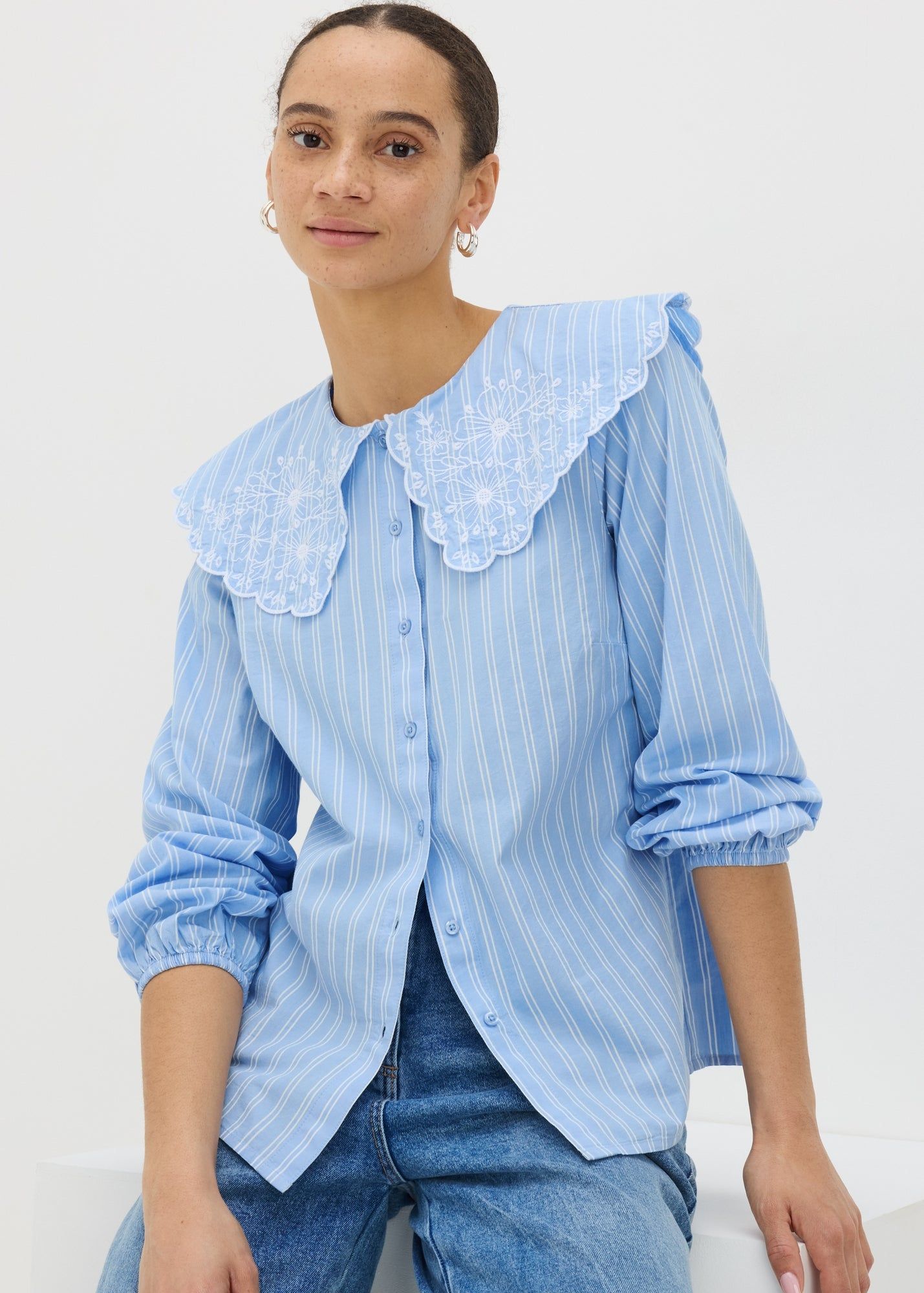 Buy Stripe Embroidered Oversized Collar Shirt Online in Qatar bfab