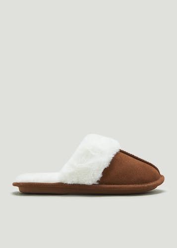 Suede Faux Fur Trim Mule Slippers