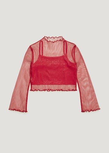 red mesh long sleeve crop top