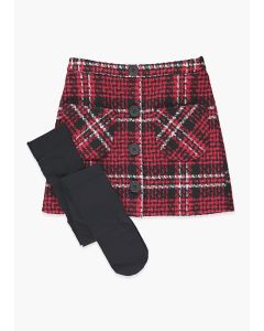 Girls Red Check Skirt & Tights Set