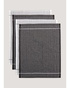 4 Pack Check Terry Tea Towels (60cm x 45cm)-Black/White-One Size