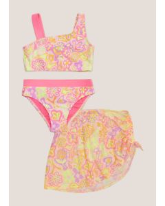 Girls 3 Piece Multicoloured Floral Bikini & Skirt Set (4-13yrs)