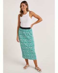 Green Floral Plisse Midi Skirt