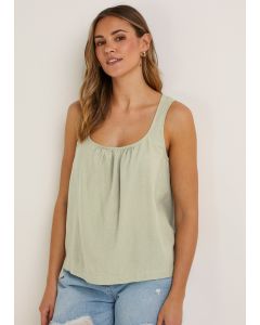 Green Linen Blend Gathered Top