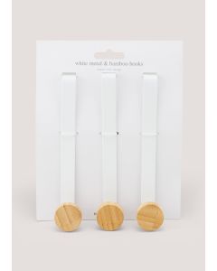 3 Pack Metal & Bamboo Hooks (12cm x 3.5cm x 3cm)-White-One Size