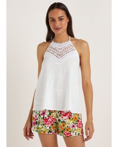 White Linen Blend Crochet Halter Cami Top - White - 18