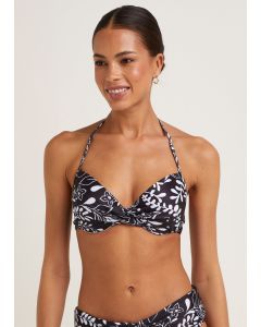 Black Leaf Print Bandeau Bikini Top