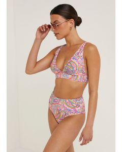 Multicoloured Paisley High Waisted Brazilian Bikini Bottoms - Multi - 8