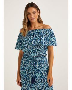 Blue Damask Bardot Co-Ord Crop Top - Blue - 18