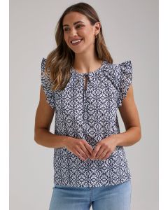 Blue Print Frill Top