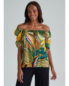 Multicoloured Leaf Print Bardot Top