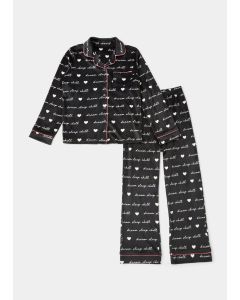 Girls Black Velour Slogan Button Up Pyjama Set (4-13yrs)