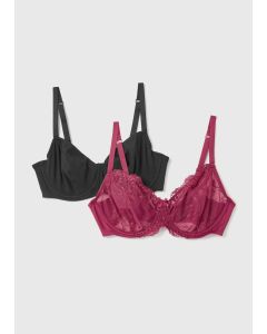 2 Pack Dd+ Dark Pink Embroidery Non Padded Bras