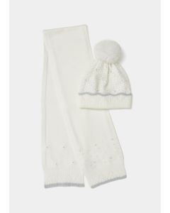 Girls 2 Piece White Pearl Heat Seal Hat & Scarf Set (7-10Yrs)-White-7 - 10 Y