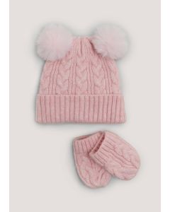 2 Piece Pink Beanie Hat & Mittens Baby Set (Newborn-2yrs)