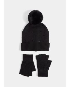 Girls 2 Piece Black Embellished Bobble Hat & Fingerless Gloves Set (7-13yrs)