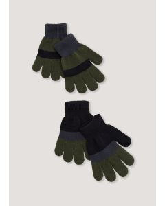 Boys 2 Pack Navy & Khaki Stripe Gloves