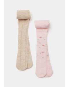 Baby 2 Pack Pink Flower & Cream Cable Knit Tights (Newborn-18Mths)