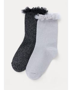 2 Pack Multicoloured Lurex Frill Ankle Socks (Younger 6-Older 5.5)