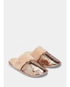 Sequin Faux Fur Mule Slippers-w