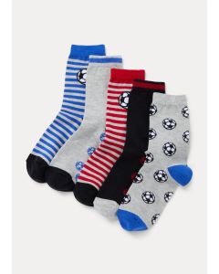 Boys 5 Pack Multicoloured Football Print Ankle Socks (Younger 6-Older 6.5)