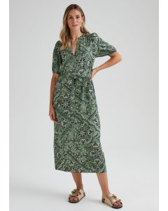 Green Tile Print Belted Midi Dress