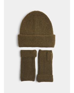 Green Ribbed Beanie & Fingerless Gloves Set-Green-One Size