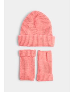 Coral Ribbed Beanie & Fingerless Gloves Set-Coral-One Size