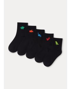 5 Pack Black Dinosaur Embroidered Socks (Younger 6-Older 6.5)