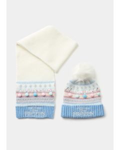 Kids White Disney Frozen Sequin Bobble Hat & Scarf Set