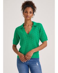 Green Collar V Neck Pointelle T-Shirt