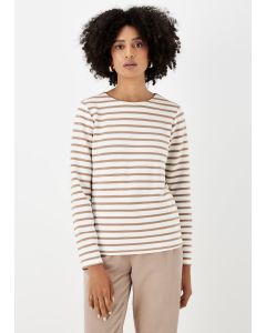 Beige Stripe Ribbed Log Sleeve T-Shirt