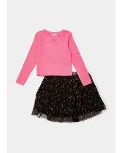 Girls Pink Top & Black Floral Ruffle Skirt Set (4-13yrs)