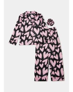 Girls Black Heart Print Satin Pyjama & Scrunchie Set (4-13yrs)