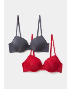 2 Pack Red & Grey Lace Plunge Bras