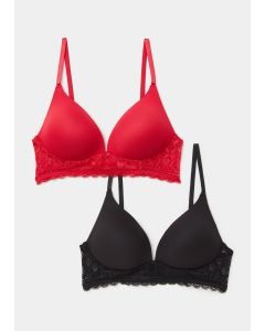 2 Pack Red & Black Non Wired Lace Plunge Bras