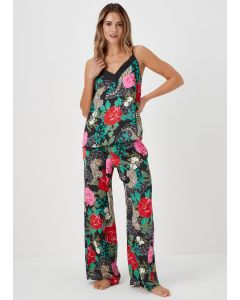 Black Floral Satin Pyjama Bottoms