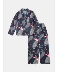 Kids Navy Oversized Leopard Satin Pyjama Set (4-13Yrs)