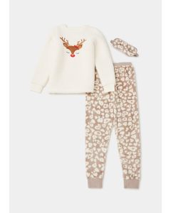 Girls Cream Deer Print Fleece Pyjama & Eye Mask Set