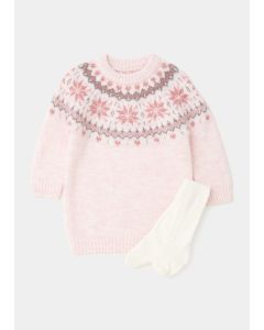 Girls Pink Fair Isle Tunic Dress & Tights Set (9mths-6yrs)