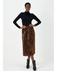 Gold Animal Print Plisse Midi Skirt