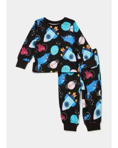 Boys Navy Space Print Ribbed Pyjama Set