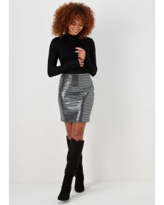 Silver Sequin Jersey Mini Skirt