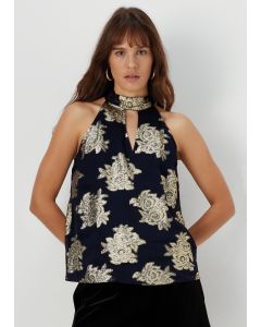 Et Vous Navy Floral High Neck Sleeveless Top