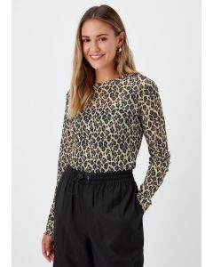 Khaki Animal Print Long Sleeve Mesh Top