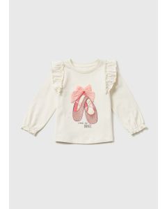 Girls Cream Ballet Shoe Print Long Sleeve T-Shirt (9Mths-6Yrs)